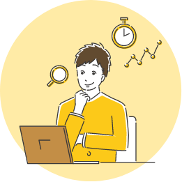 男性がパソコンを見て何かを考えているイラスト