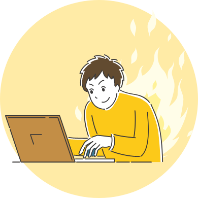 男性がパソコン作業でやる気に満ちているイラスト